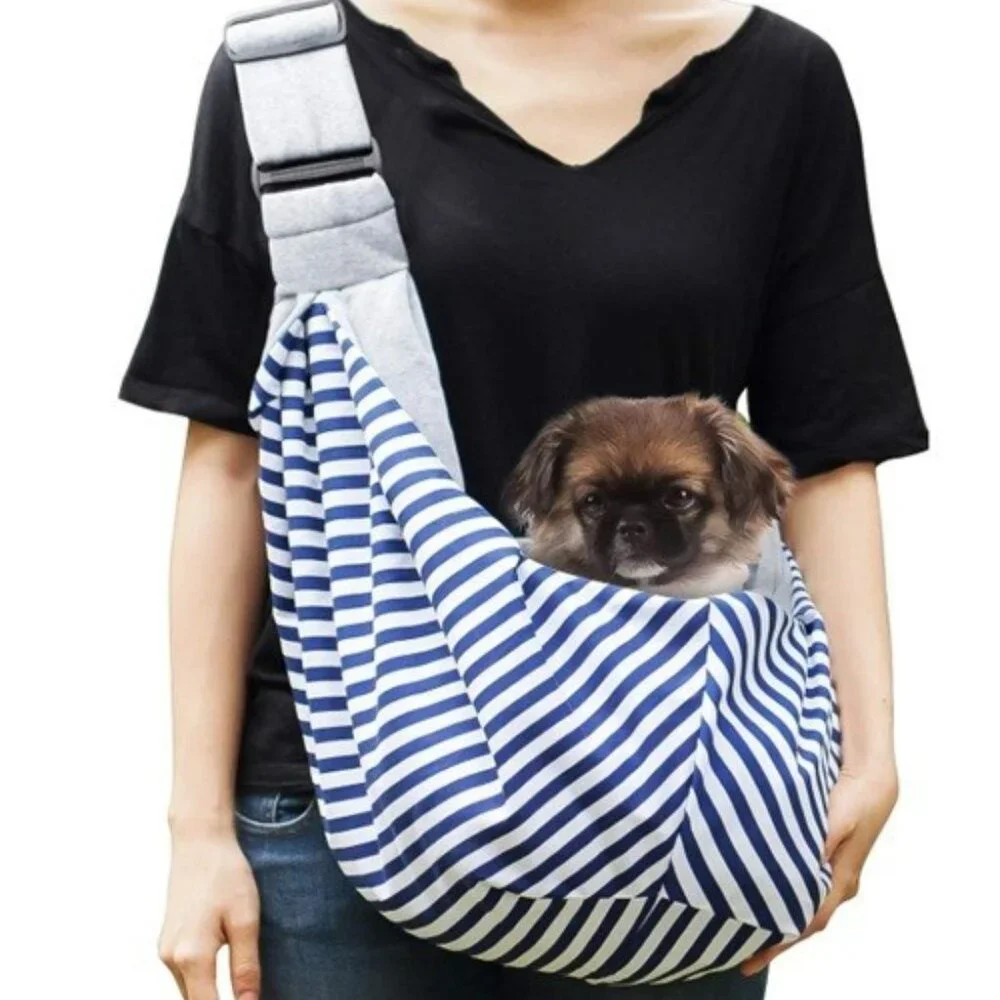 TIMETUU Pet Gear: Reversible Cross-Body Pet Sling Pet Carrier, Grey/Blue Stripe